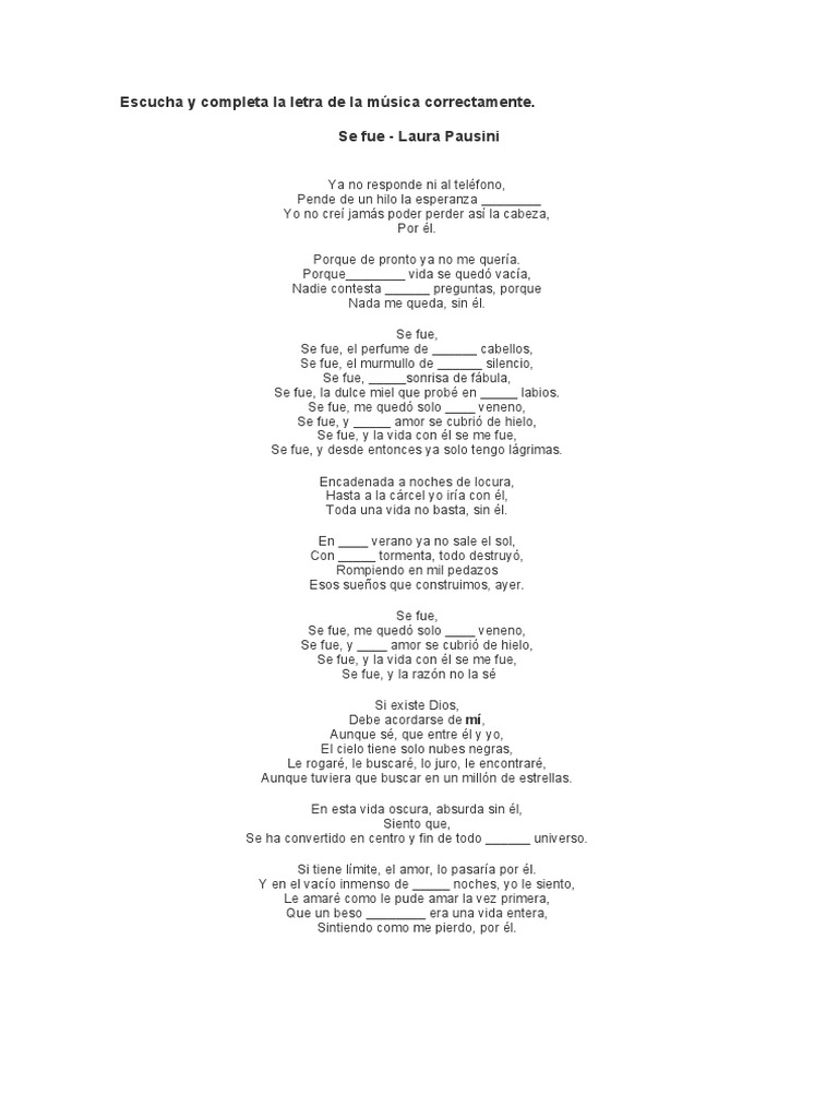 Escucha y Completa La Letra de La Música Correctamente | PDF