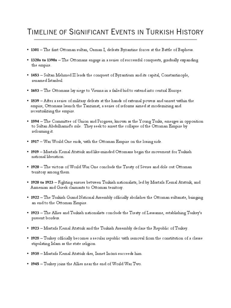 Timeline of Significant Events in Turkish History Ottoman Empire