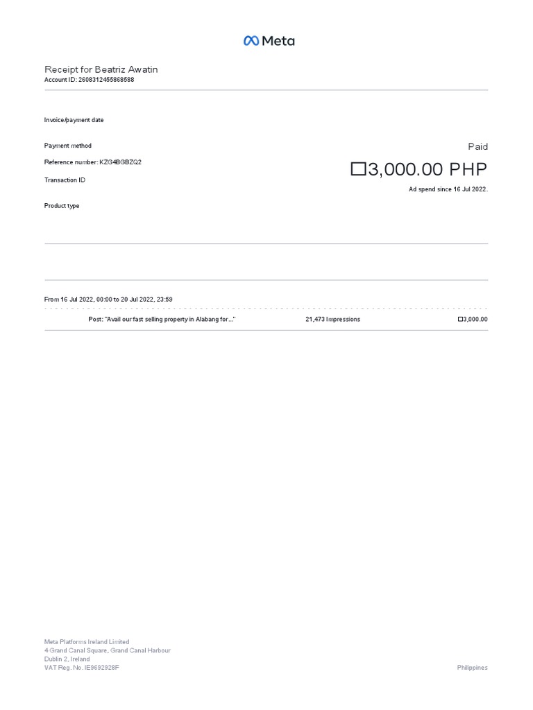Facebook Ads Receipt for Beatriz Awatin | PDF