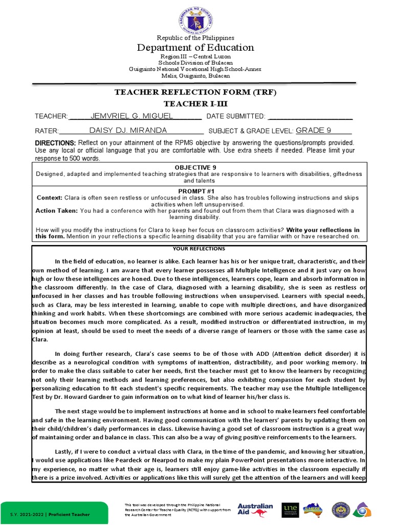 Teacher Reflection Form for TRF | PDF | Learning | Teachers
