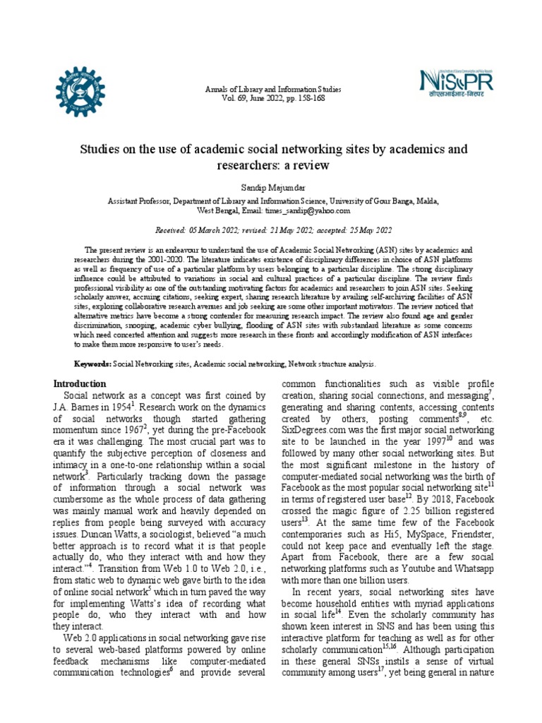 Studies On The Use of Academic Social Networking Sites by Academics and ...