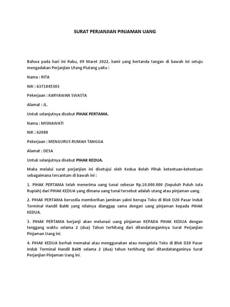 Surat Perjanjian Pinjaman Uang | PDF | Hukum