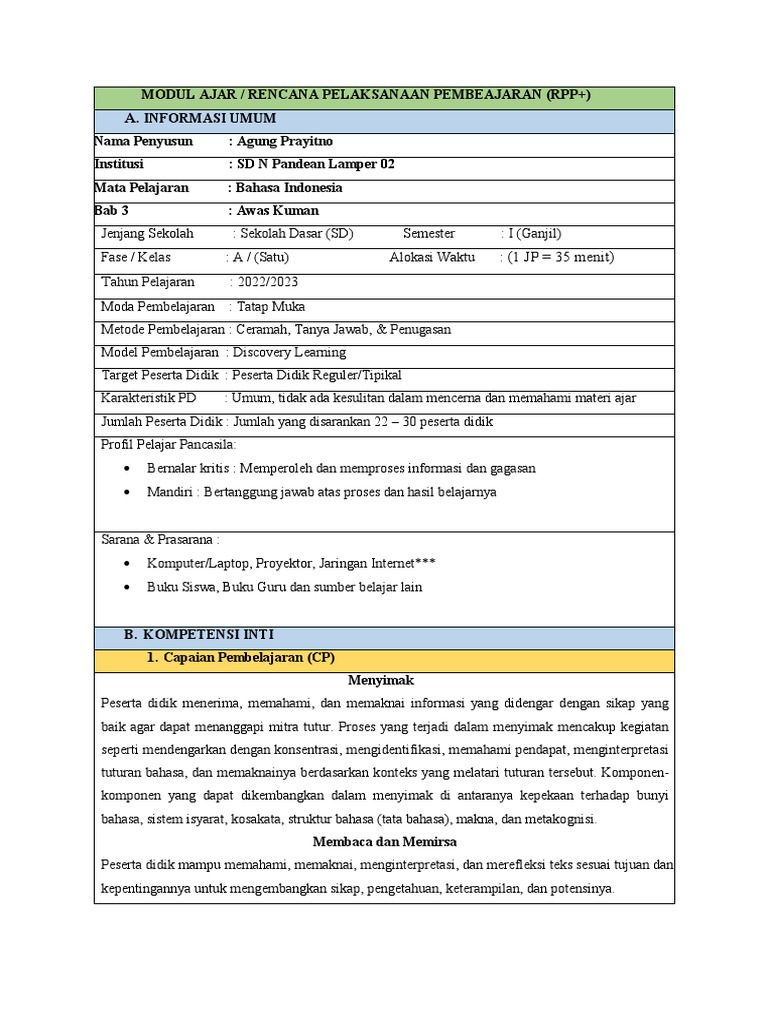 Modul Ajar Bahasa Indonesia Kelas 1 | PDF | Karier & Perkembangan