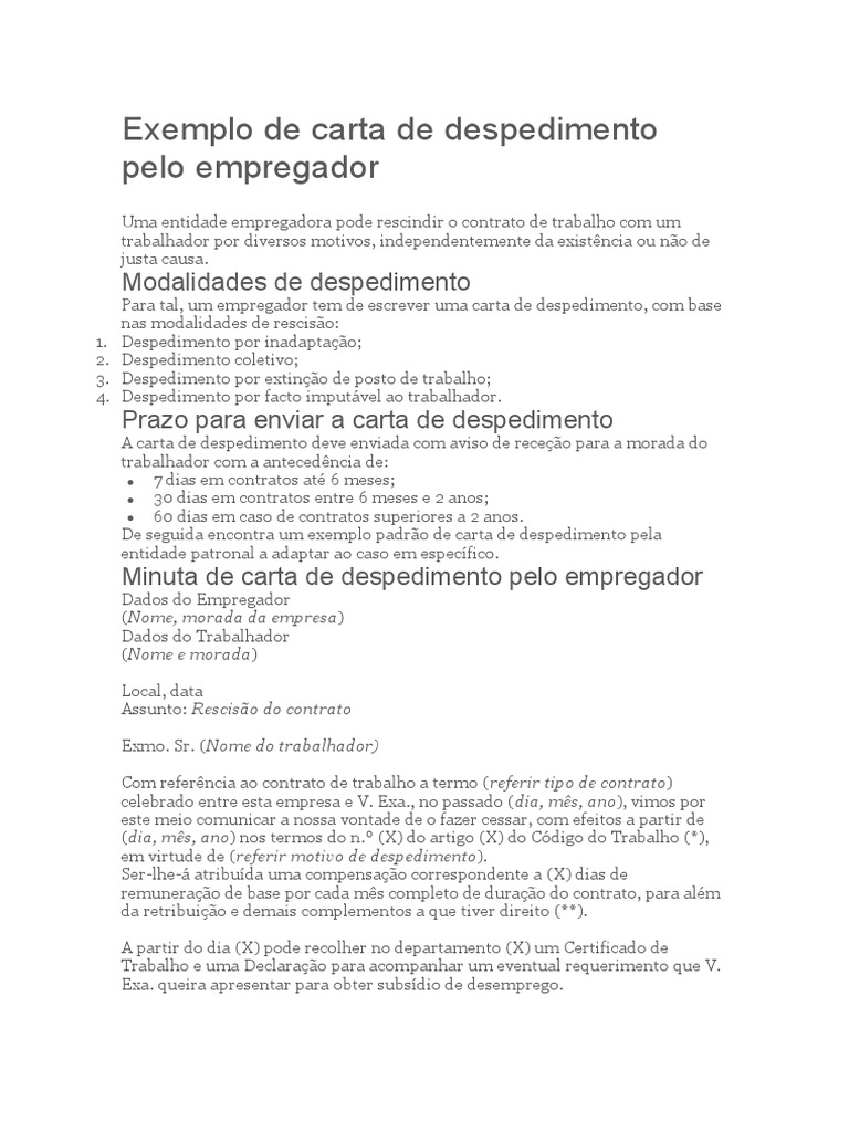 Exemplo de Carta de Despedimento pelo Empregador | PDF | Carreira e ...