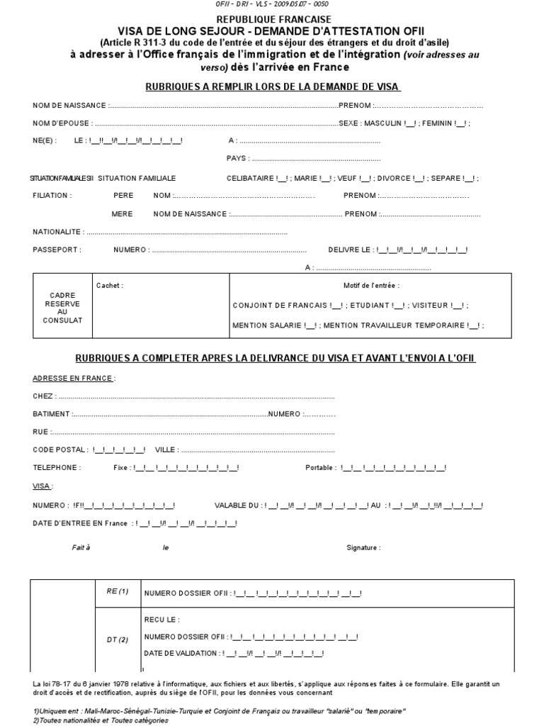 Formulaire De Demande De Visa Long Séjour Conjoint Français Formulaire OFII FR | PDF | Passeport | Visa (Document)