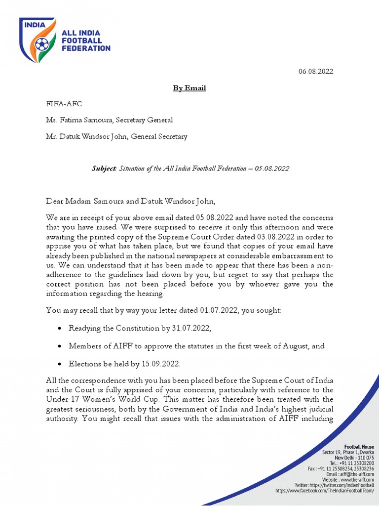 AIFF Governance Update to FIFA-AFC | PDF | Law | Finance & Money Management