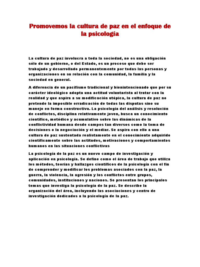 Promovemos La Cultura de Paz en El Enfoque de La Psicología | PDF