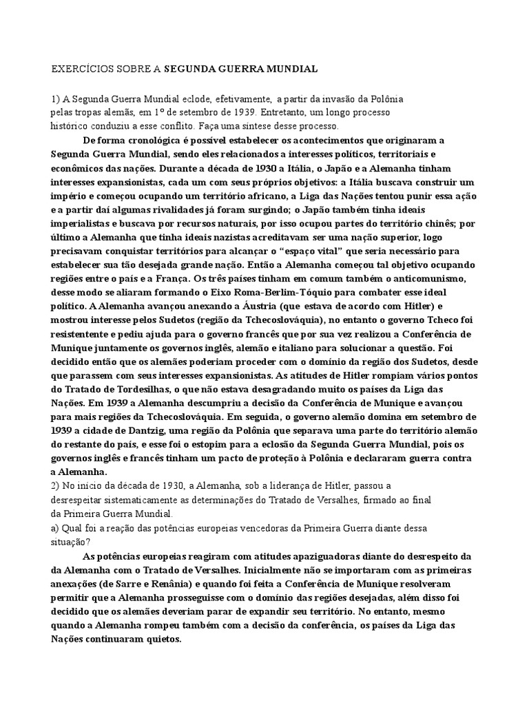 História - EXERCÍCIOS SOBRE A SEGUNDA GUERRA MUNDIAL | PDF | Segunda ...