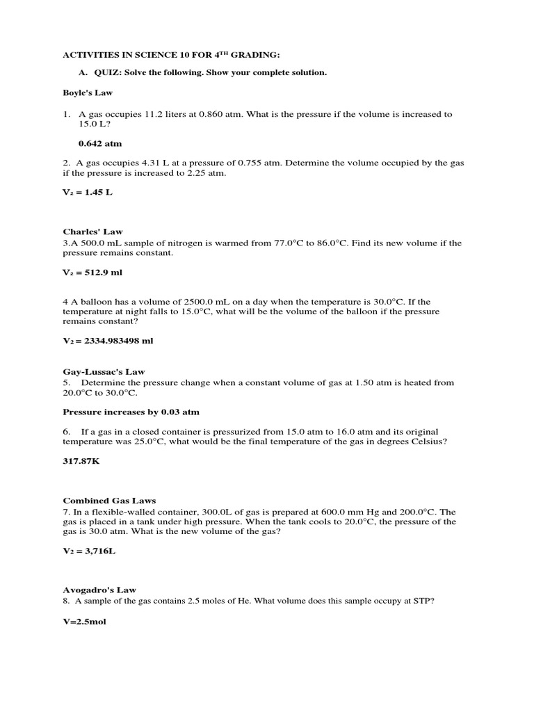 Activities in Science 10 For 4th Grading | PDF | Gases | Temperature