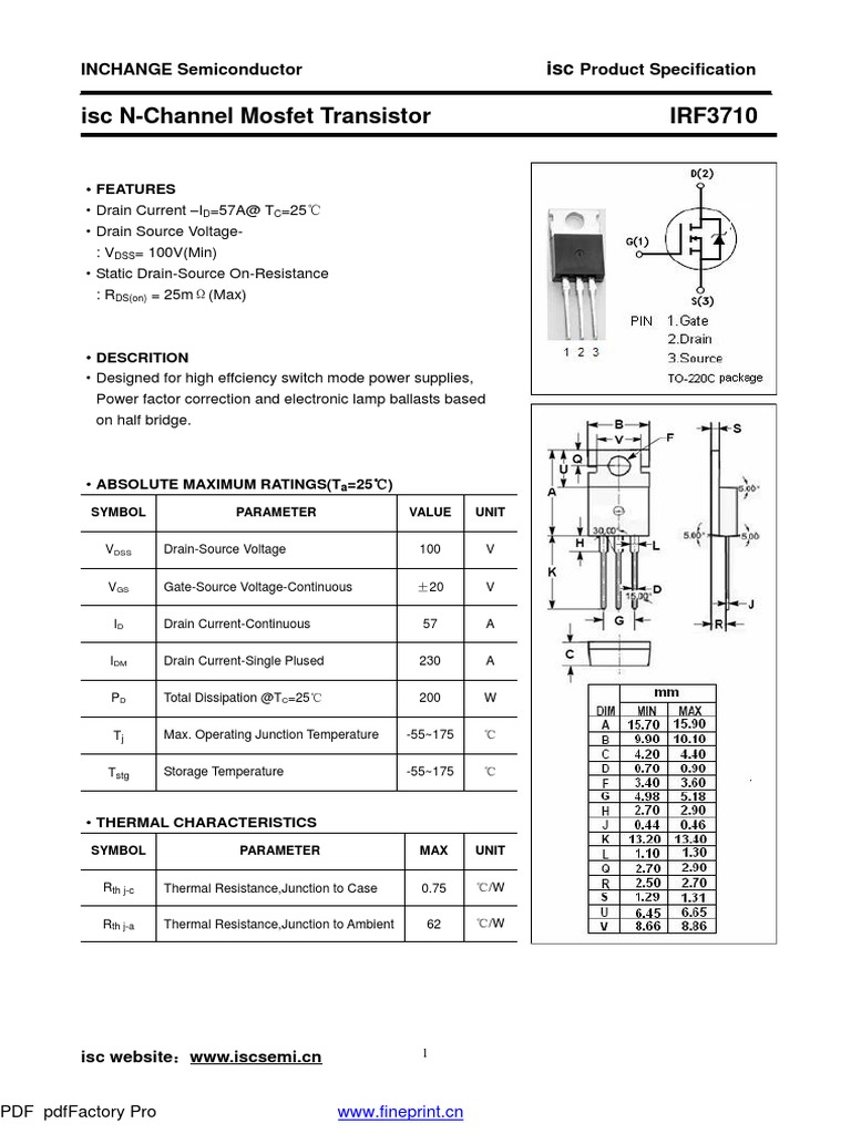 Isc N-Channel Mosfet Transistor IRF3710: INCHANGE Semiconductor Product ...