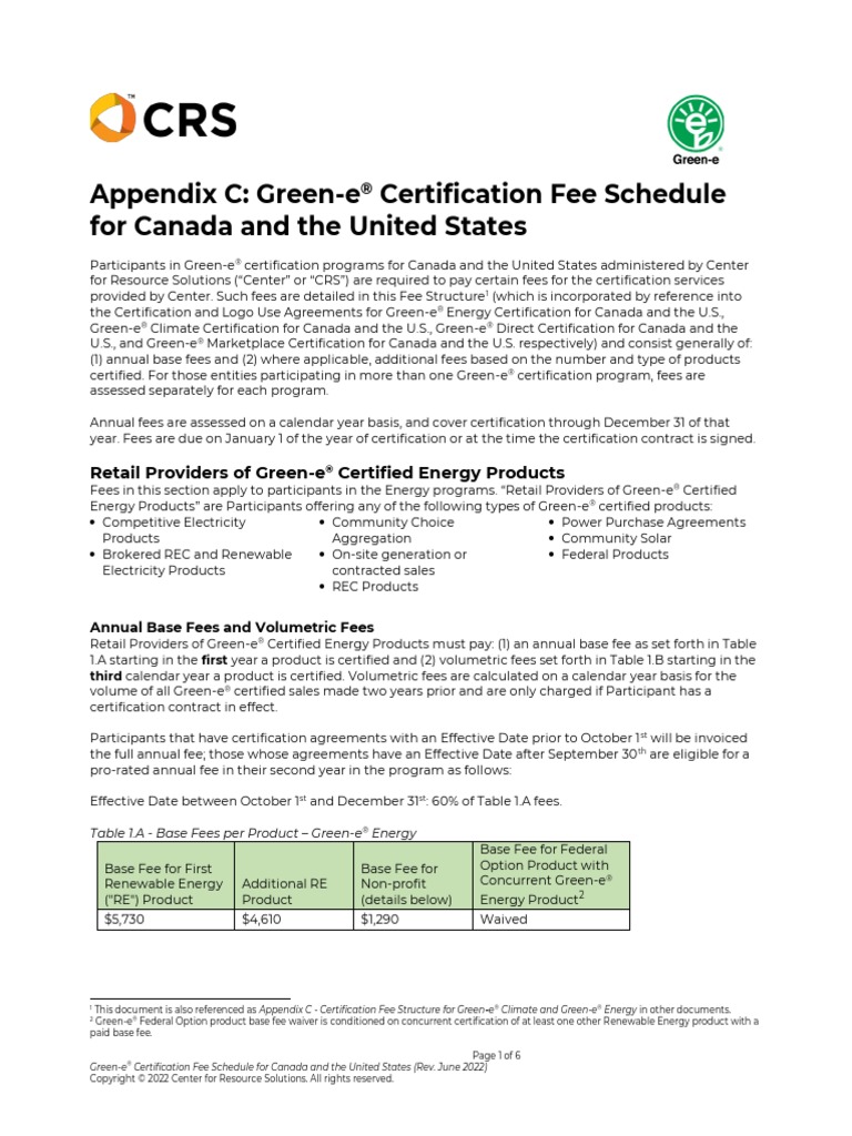 Green E Certification Fee Schedule PDF Carbon Offset Fee