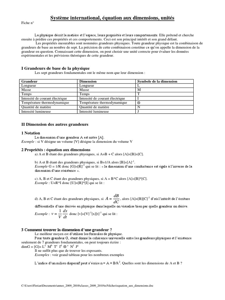 Equation Aux Dimensions | PDF | Système international d'unités | Science