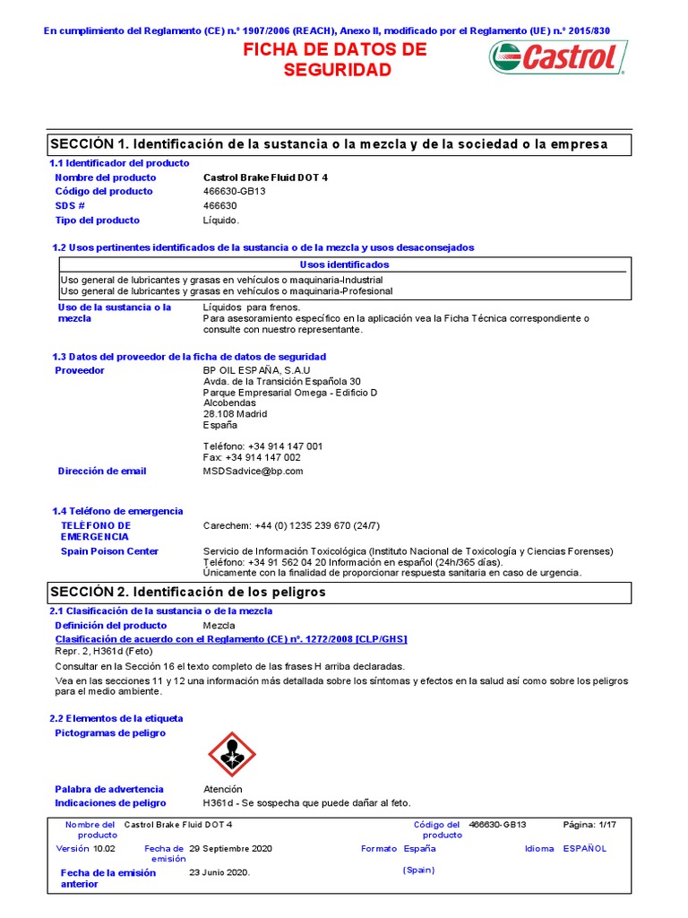 9 MSDS Liquido para Frenos Castrol Brake Fluid Dot4 PDF Residuos