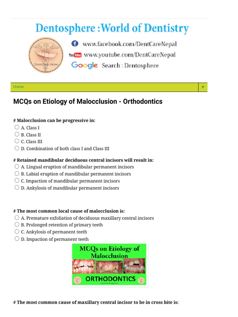 Dentosphere World of Dentistry MCQs On Etiology of Malocclusion