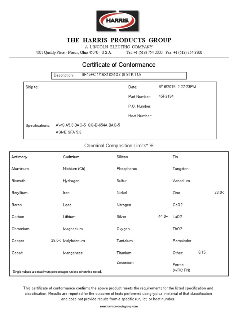 The Harris Products Group Certificate of Conformance PDF Metals