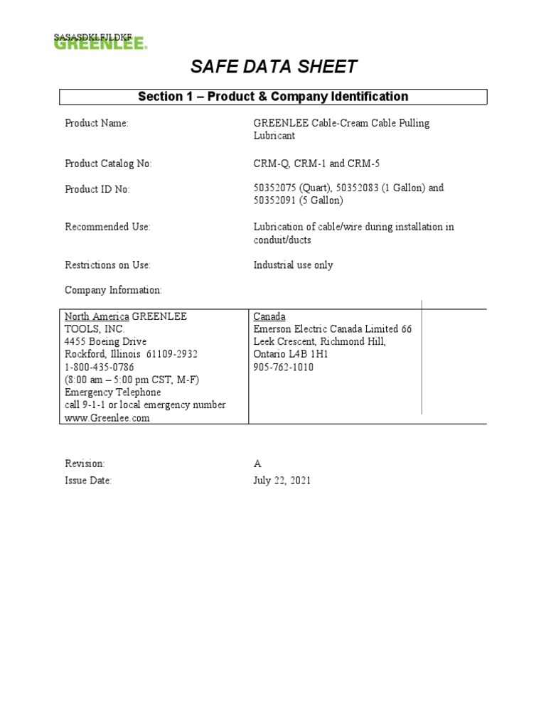 Greenlee Cable-Cream Lubricant SDS | PDF | Toxicity | Water
