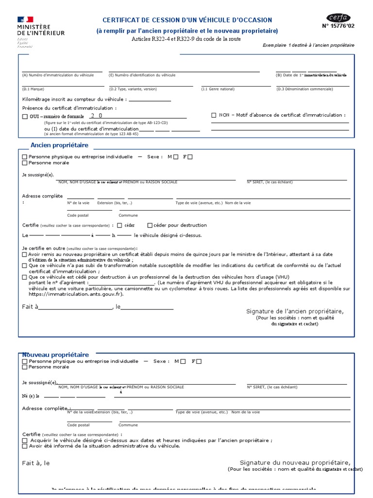 Certificat de cession véhicule n°15776*02 | PDF | Transport | Véhicules