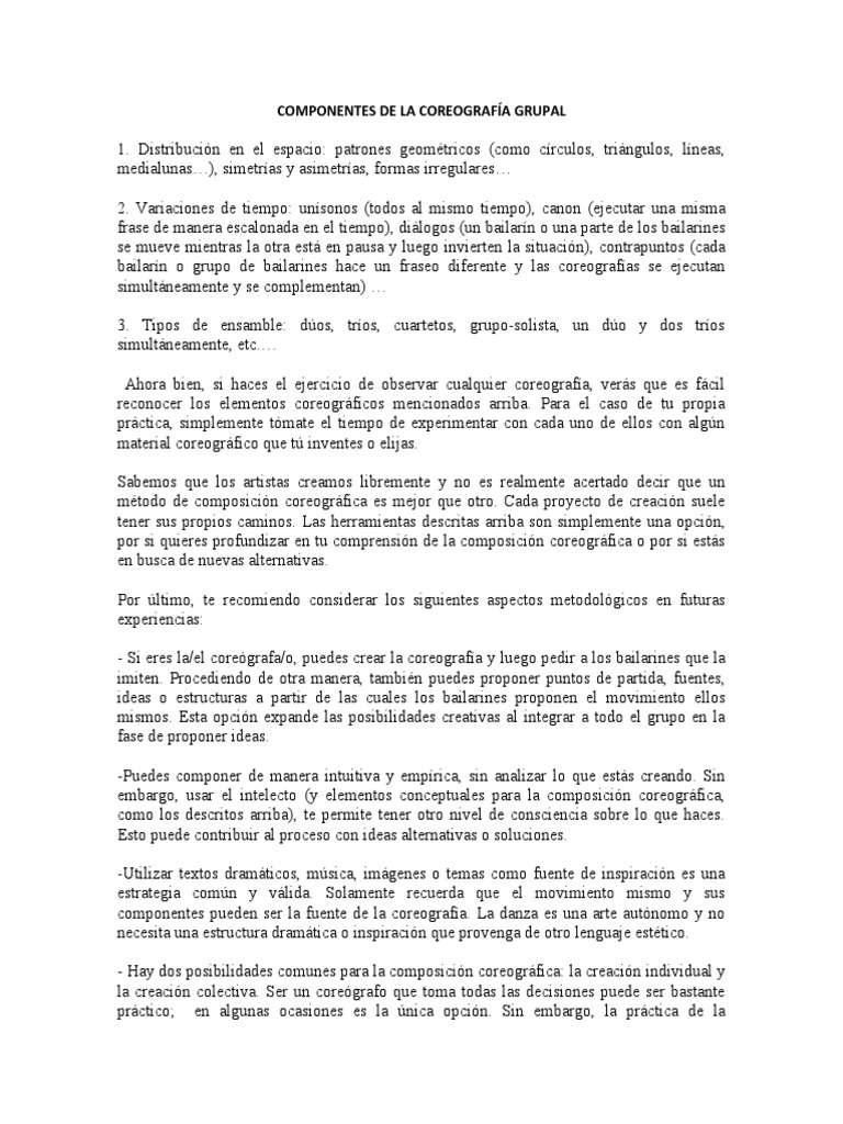 Componentes de la Coreografía Grupal | PDF | Bailes | Composiciones ...