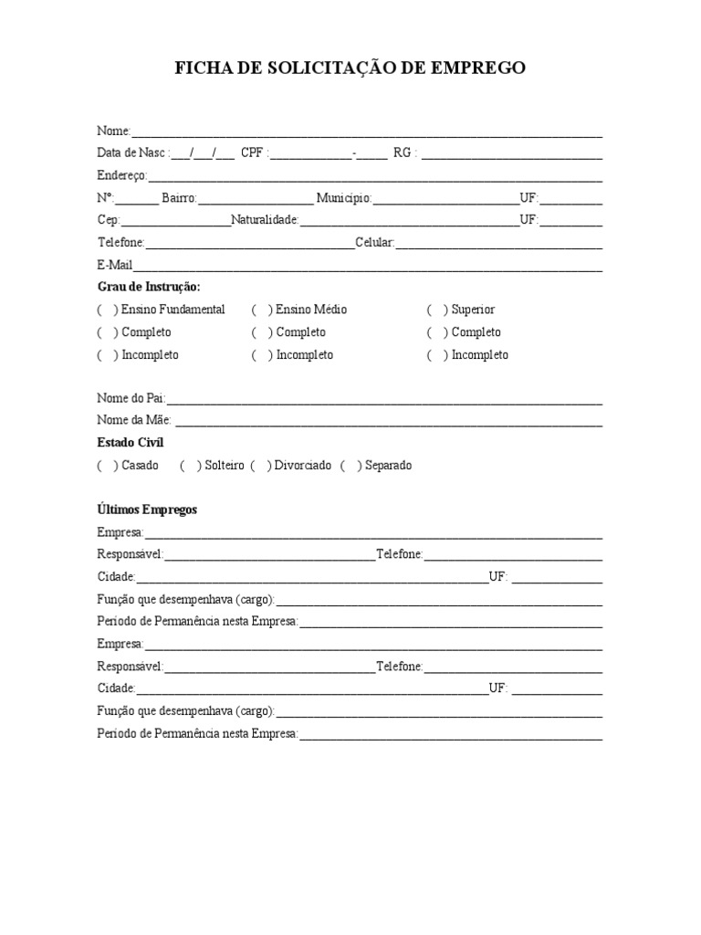 Ficha de Solicitacao de Emprego Modelo1 | PDF