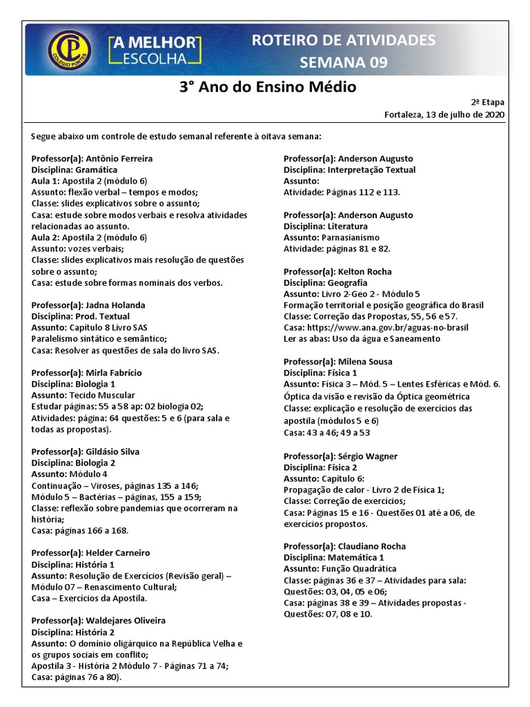 Roteiro De Estudos 3 Ano Semana 09 Pdf