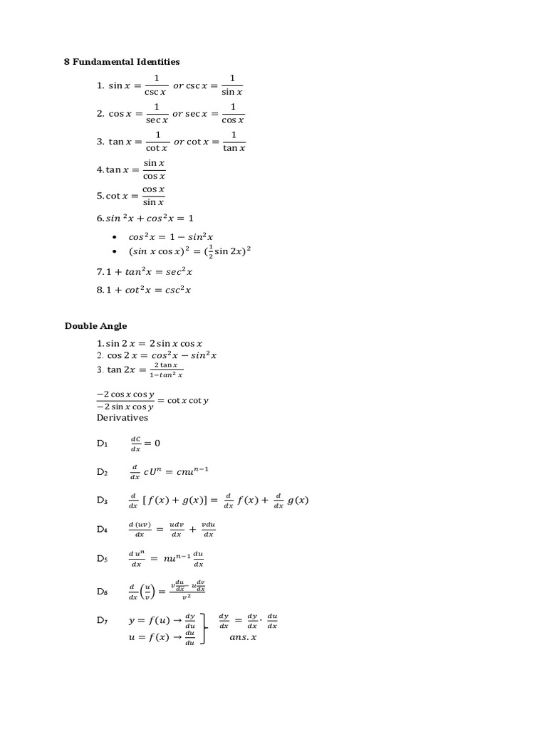 Differential Calculus Formula PDF Special Functions Functions And