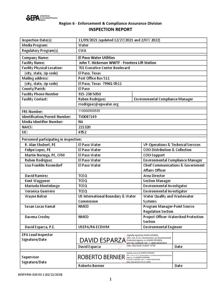 El Paso Water Utilities Frontera Break Inspection Report From EPA PDF