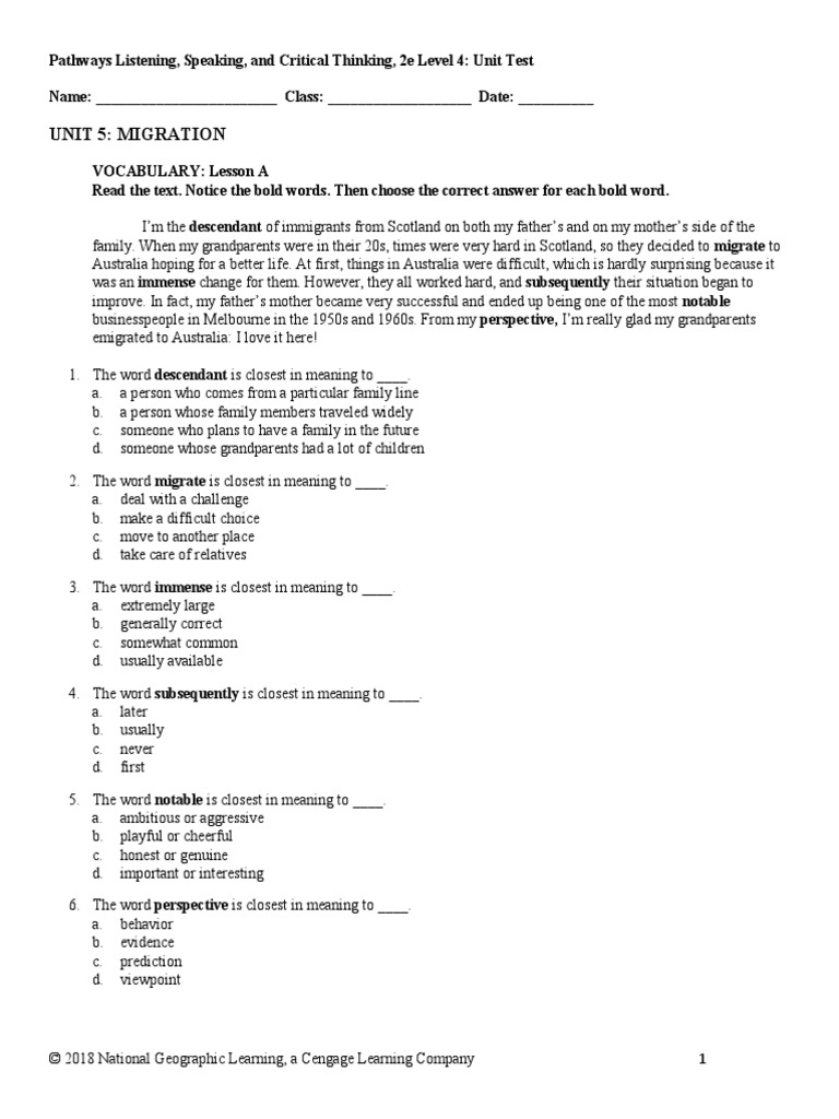 Pathways Ls4 2e U05 Test 0 | PDF | Cognitive Science | Cognition
