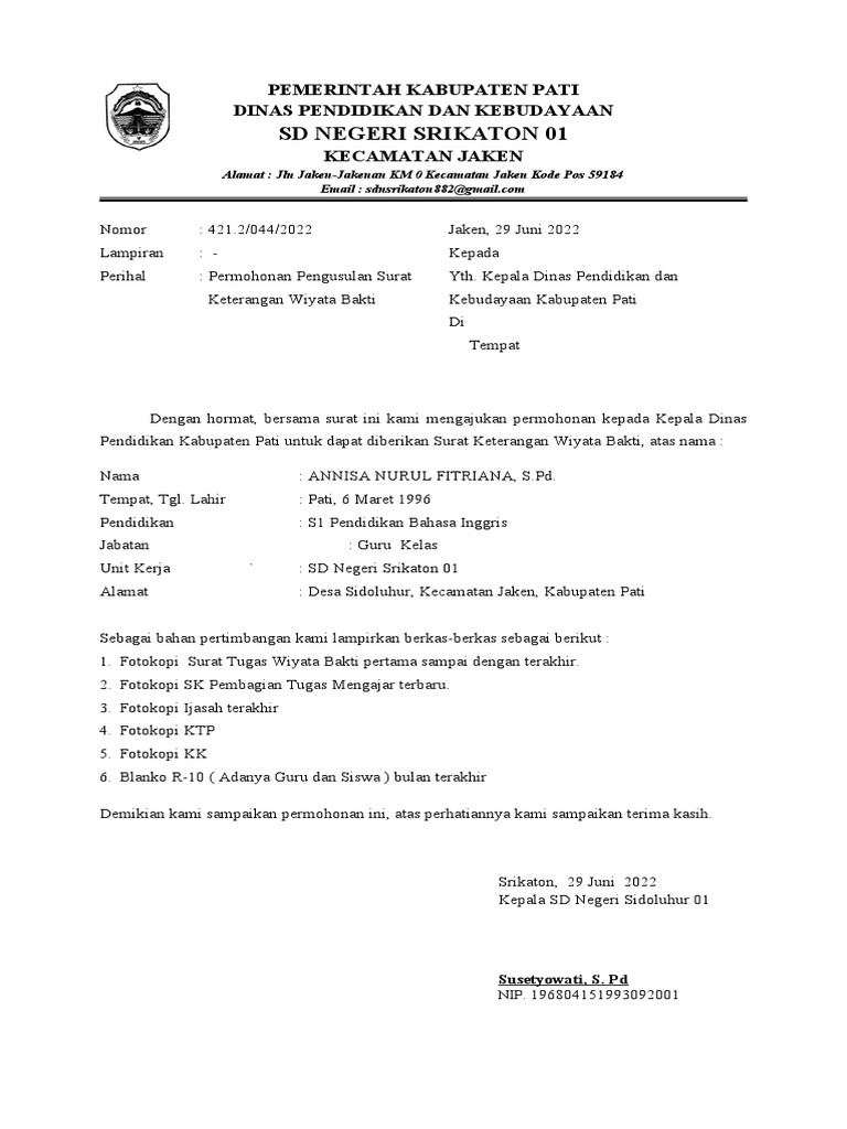 Surat Permohonan Wiyata Bakti | PDF