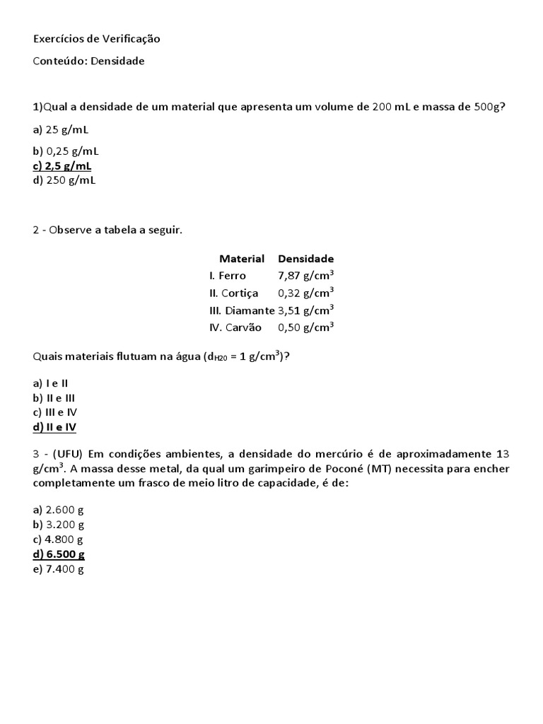 Exercícios sobre Densidade para 9º Ano | PDF | Ciências e Matemática