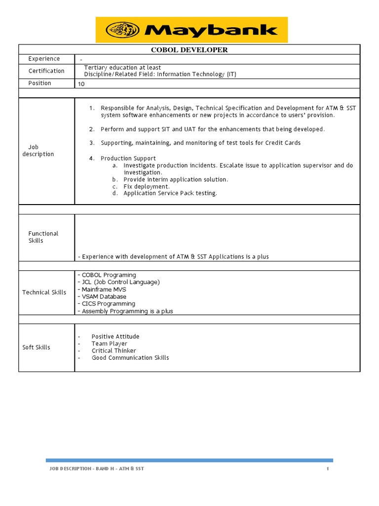 COBOL Developer Job Description for ATM & SST | PDF