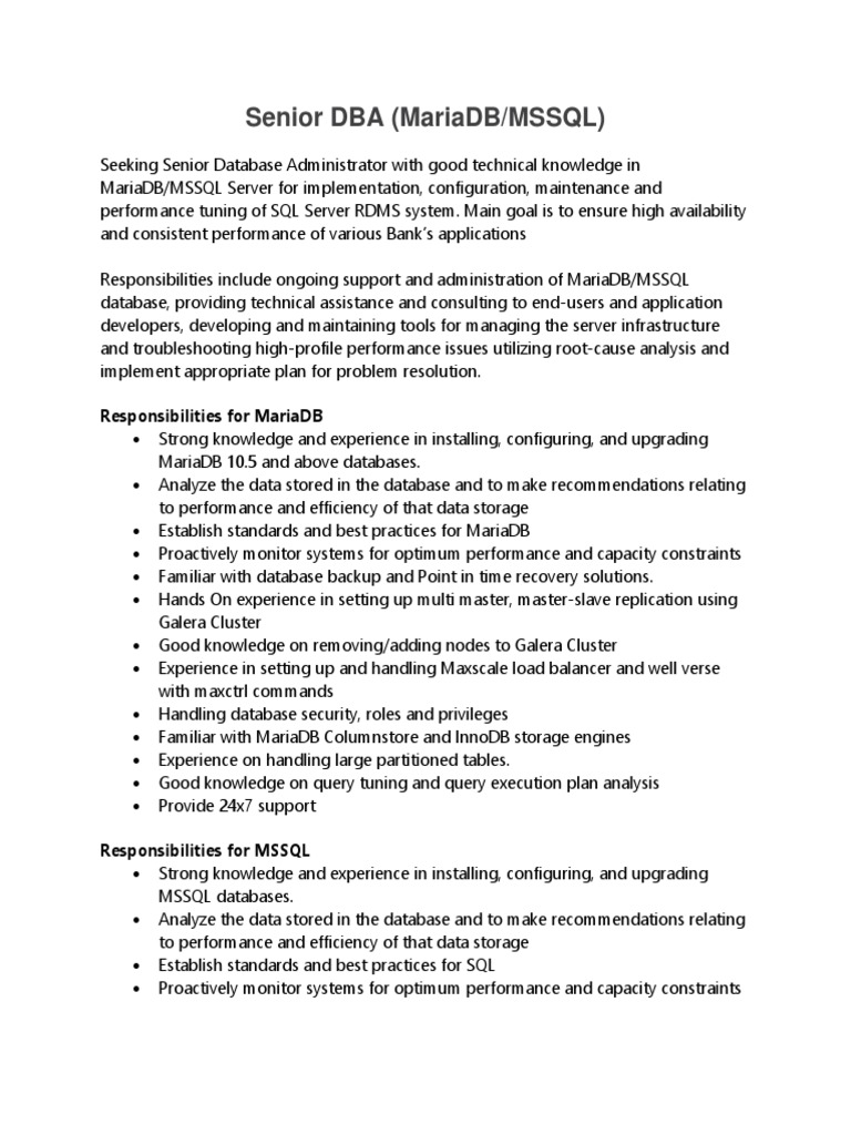 Senior DBA Role: MariaDB & MSSQL Expertise | PDF | Microsoft Sql Server ...
