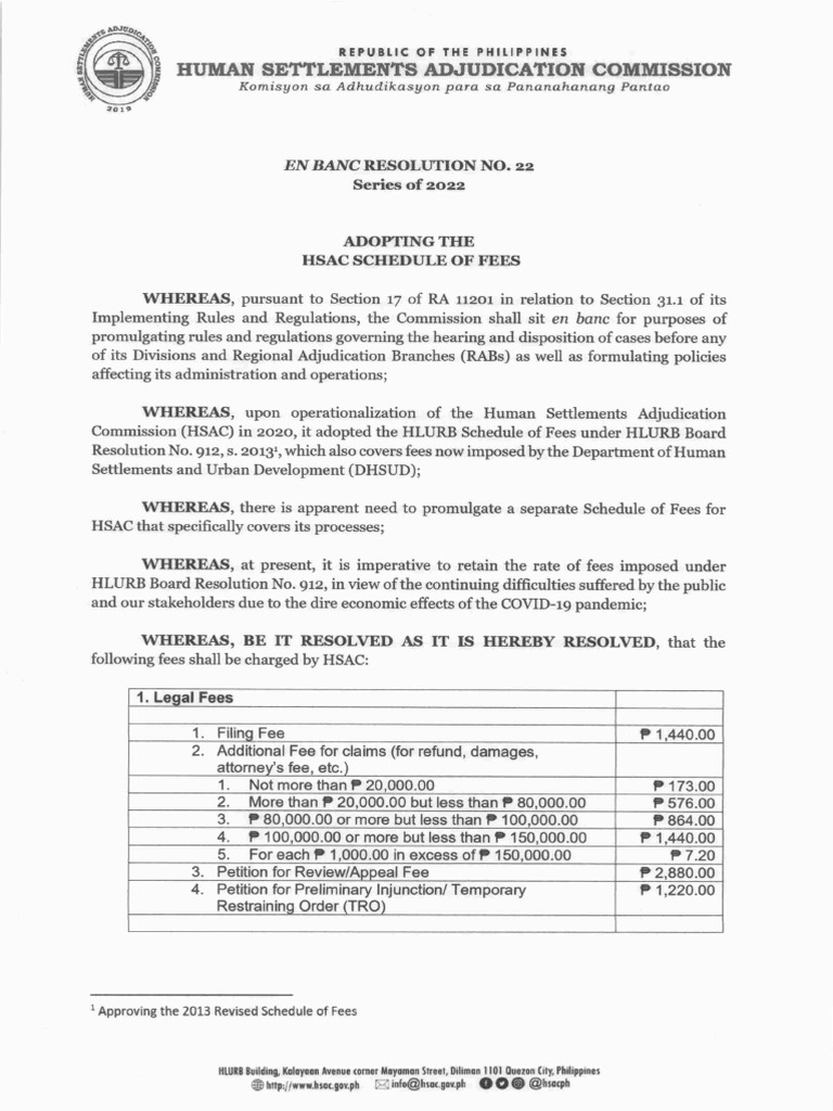 EBR No. 22 S2022 Adopting The HSAC Schedule of Fees PDF Public Law