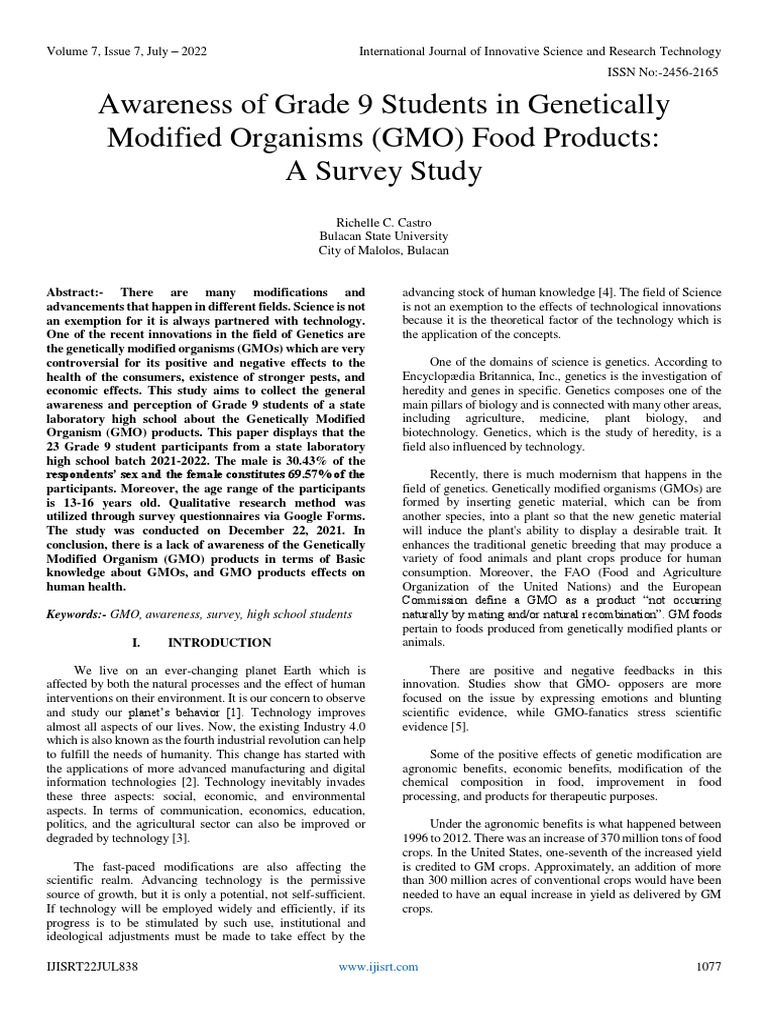 Grade 9 Students' Awareness of GMOs | PDF | Genetically Modified ...
