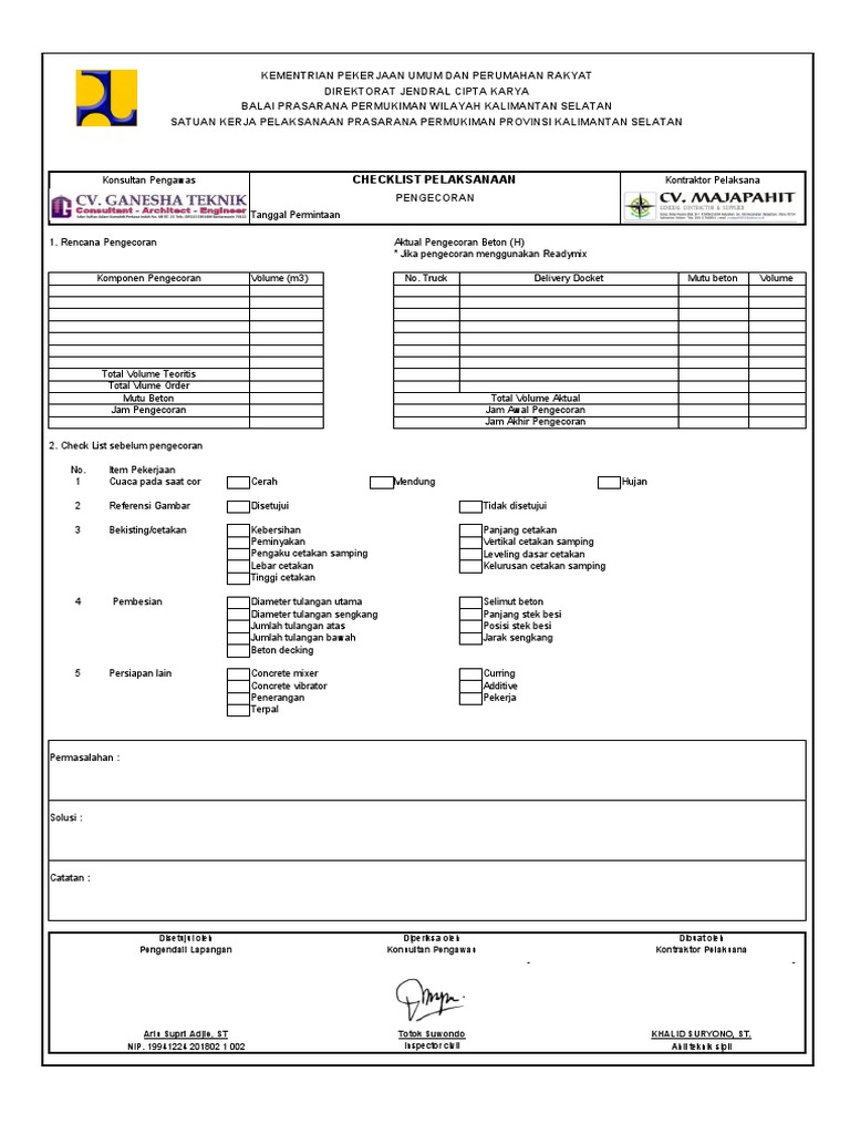 Checklist Pengecoran Beton Jalan | PDF