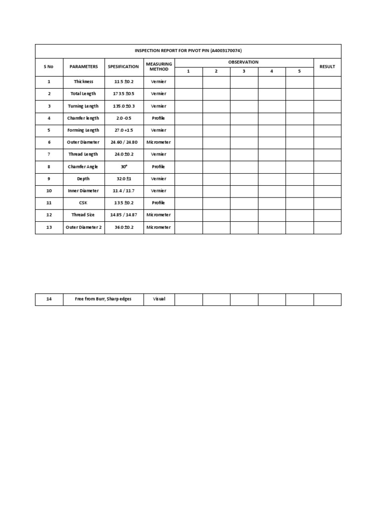 Pivot Pin Inspection Report A4003170074 | PDF