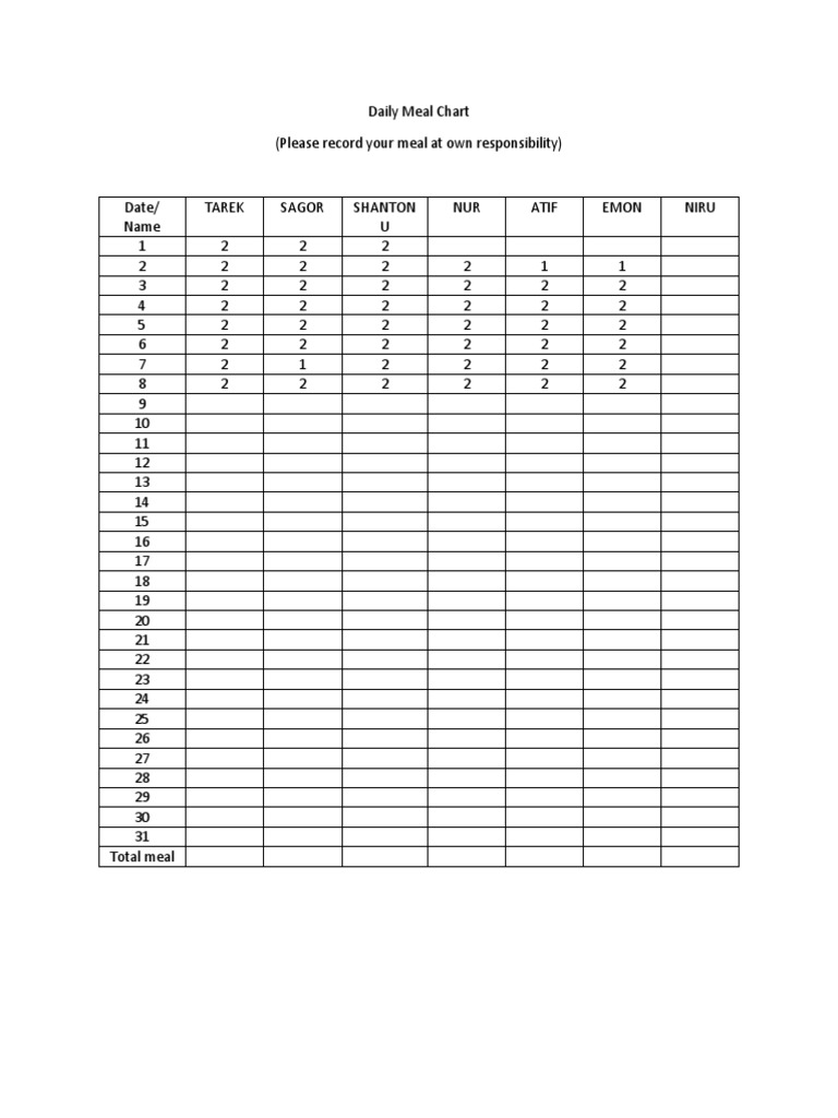 Daily Meal Chart PDF