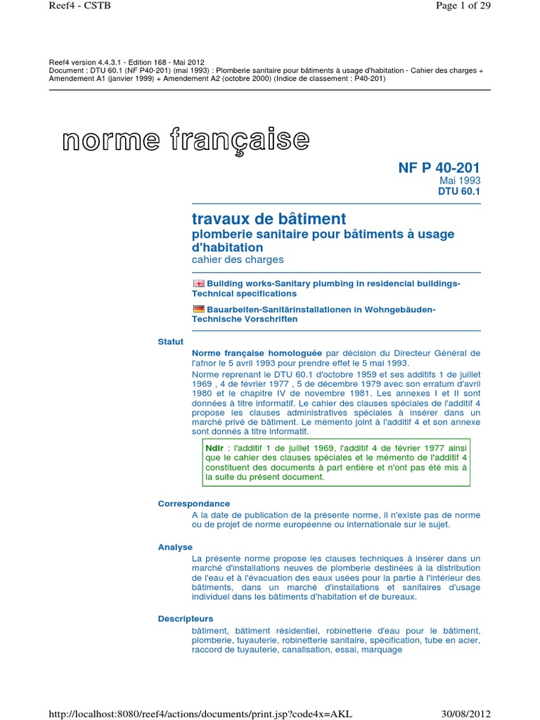 DTU 60.1. Plomberie Sanitaire Pour Bâtiments - Cahier Des Charges | PDF ...