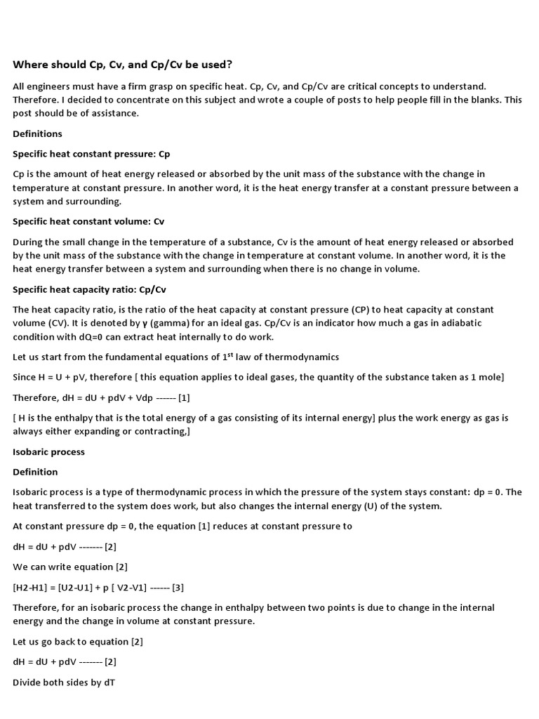 Where Should CP, CV, and CP/CV Be Used? Definitions Specific Heat
