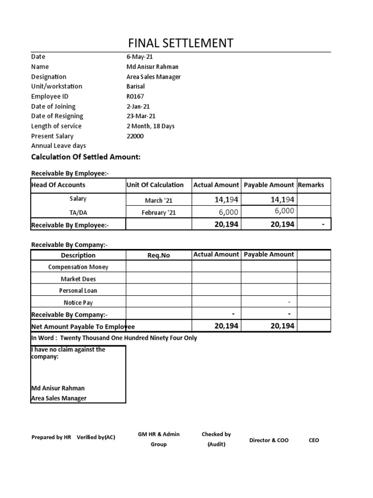 Final Settlement Calculation of Settled Amount PDF Salary Business