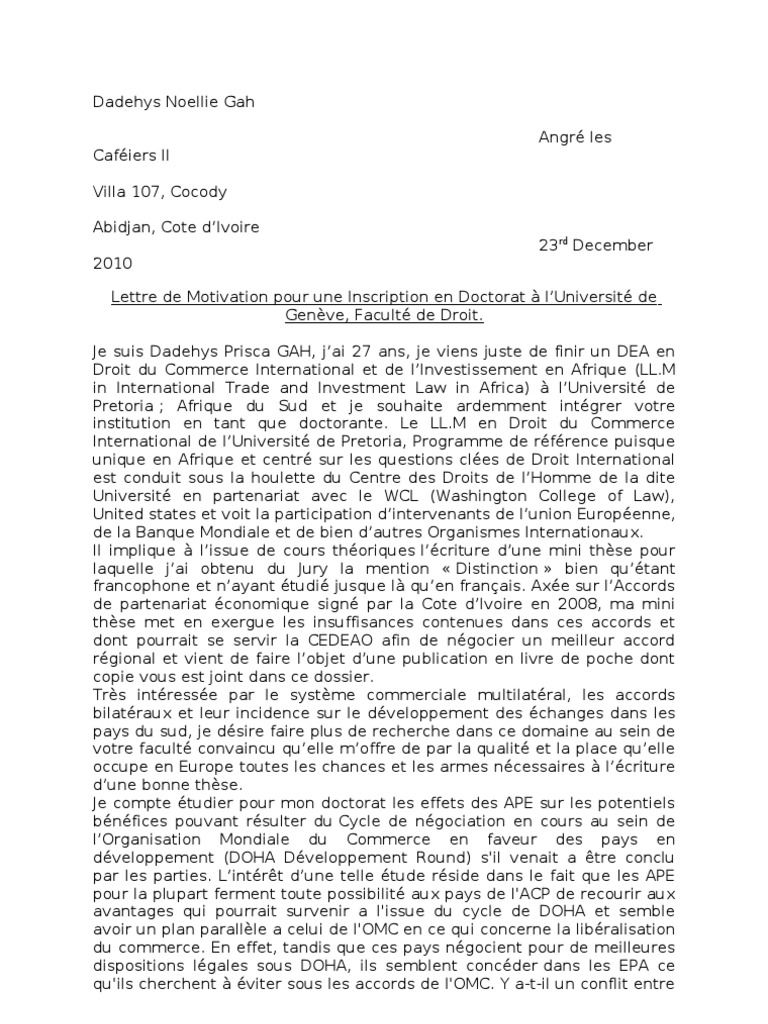 Lettre De Motivation Pour Un Doctorat A L Unige Organisation Mondiale Du Commerce Doctorat
