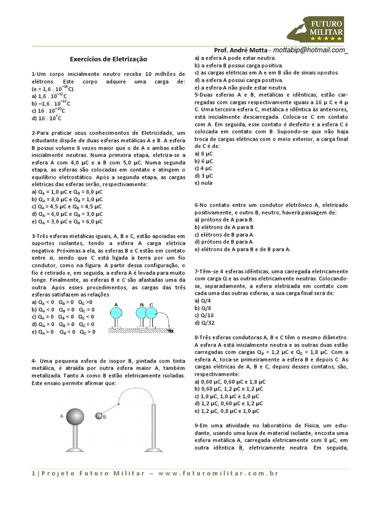 Exercícios sobre eletrização e distribuição de cargas elétricas em