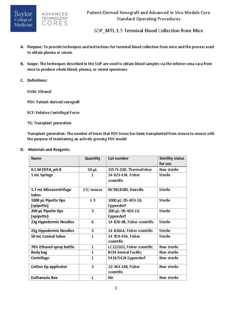 Terminal Blood Collection in Mice SOP | PDF | Blood Plasma | Clinical ...