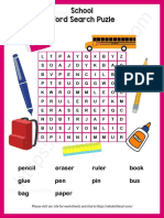 School Word Search Puzle: Pencil Eraser Ruler Book Glue Pen Pin Bus Bag Paper