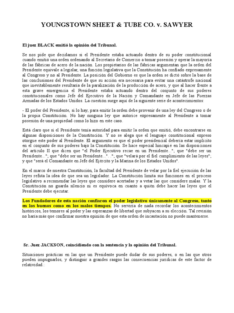 Youngstown Sheet & Tube Co. v. Sawyer PDF Presidentes de los