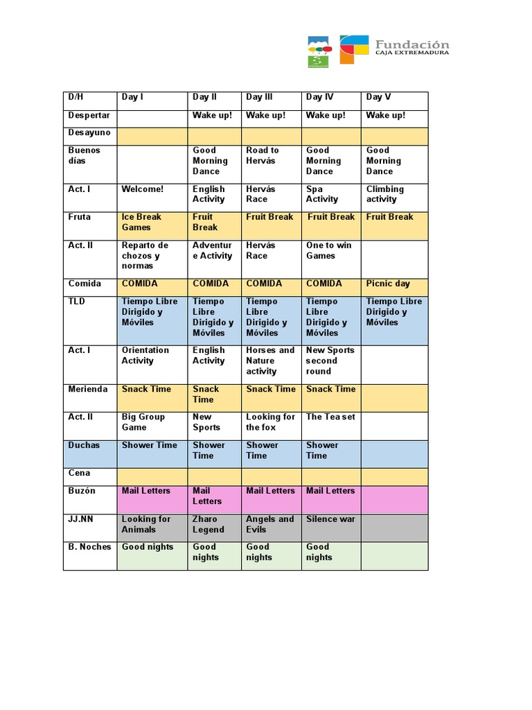Daily Schedule for Adventure Camp | PDF
