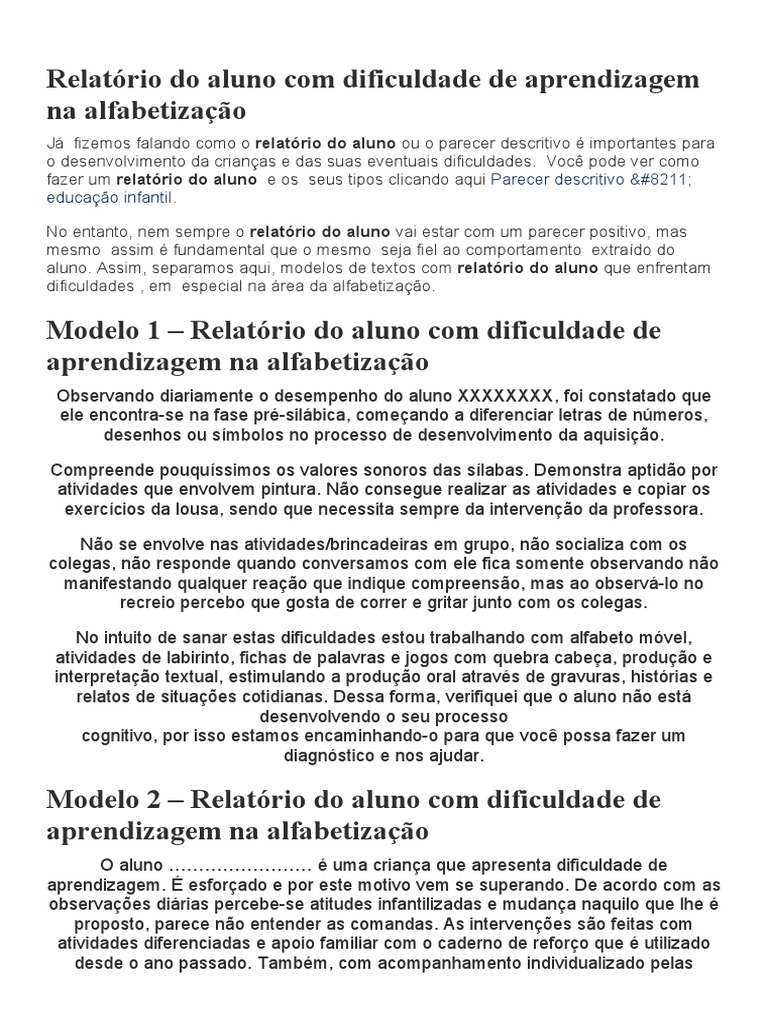 Relatório Do Aluno Com Dificuldade de Aprendizagem Na Alfabetização ...