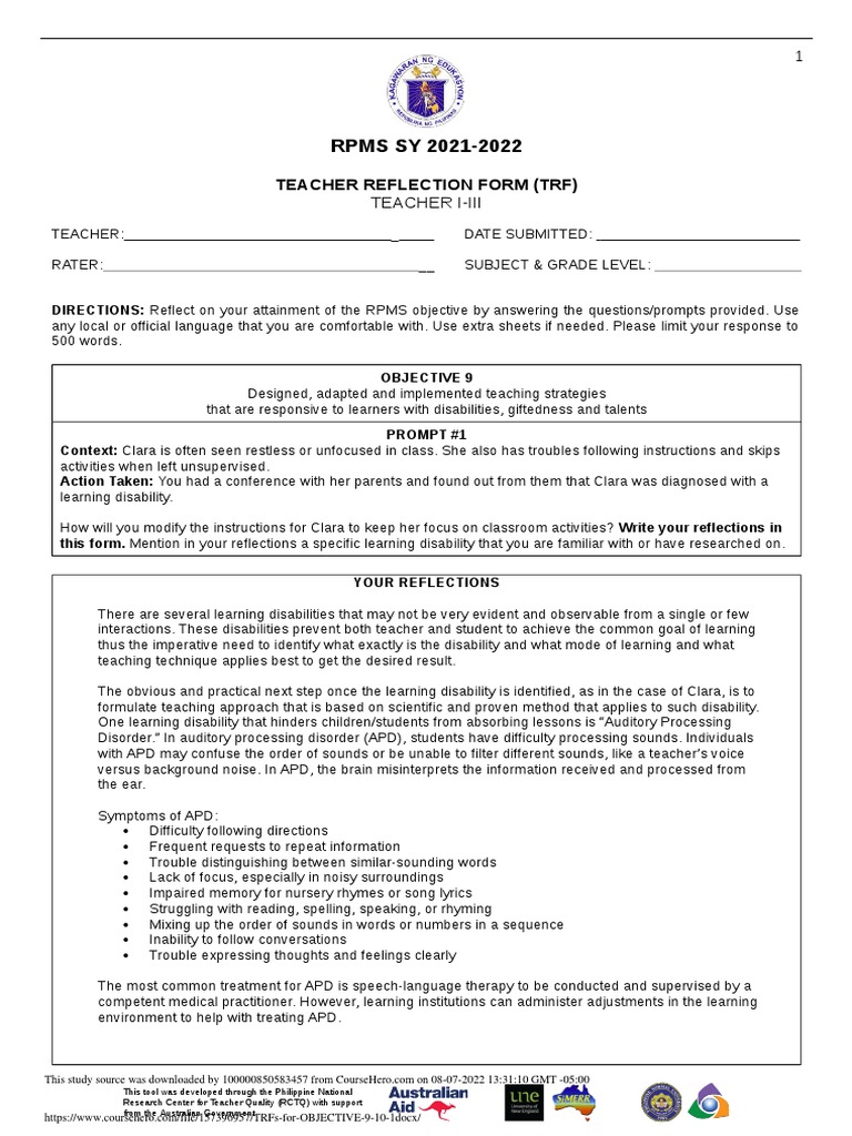 RPMS SY 2021-2022: Teacher Reflection Form (TRF) | PDF | Learning ...
