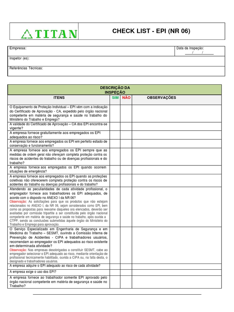 Modelo De Check List EPI NR 06 Blog Seguran a Do Trabalho PDF