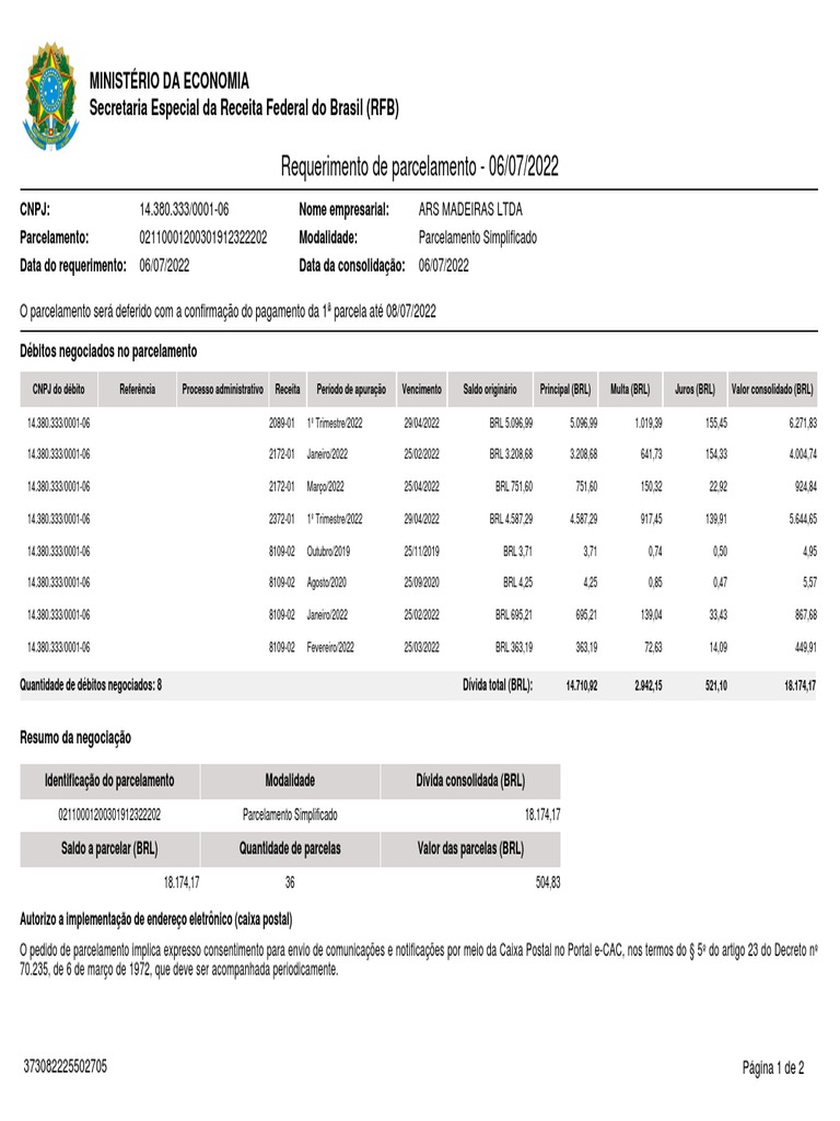 Requerimento de Parcelamento - 06/07/2022: Ministério Da Economia ...
