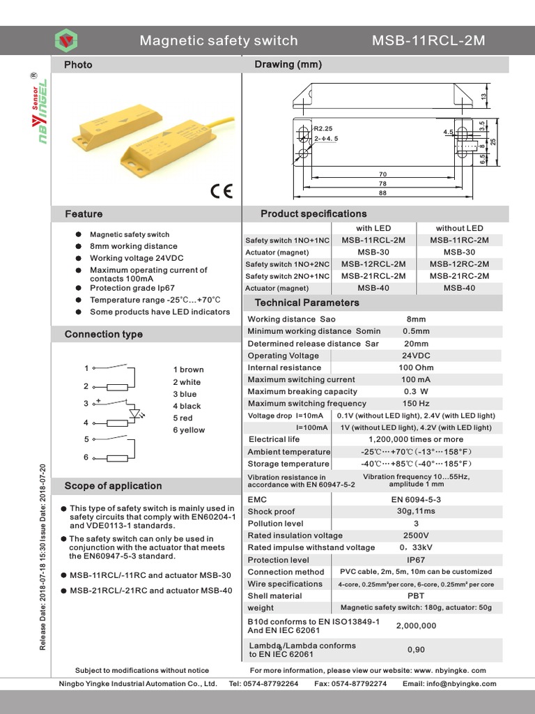 Magnetic Safety Switch MSB-11RCL-2M: Photo Drawing (MM) | PDF | Switch ...